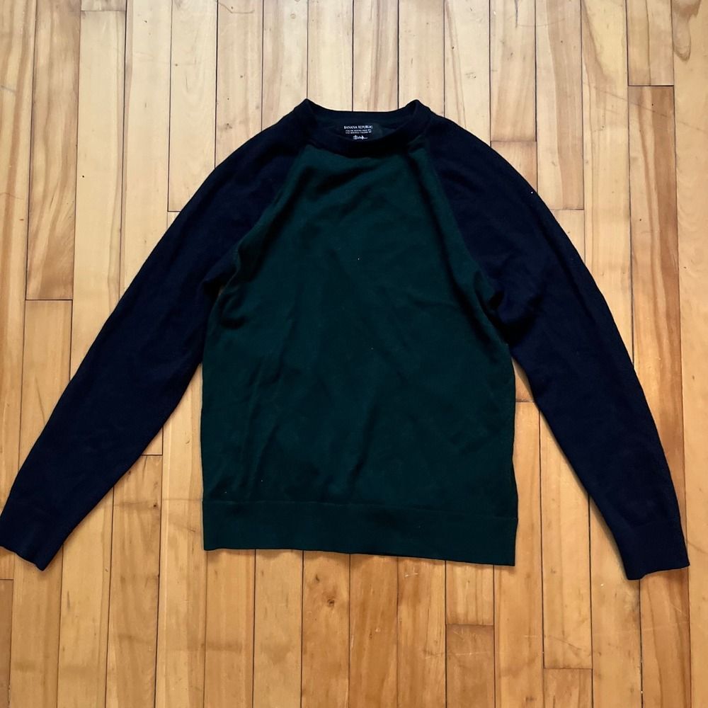 Banana Republic Italian Merino Wool Baruffa Sweater Green Navy Raglan Mens M